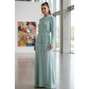 Vtg Metallic Celestial Blouse Skirt Set Gown L XL Mint Green Silver Glam Retro